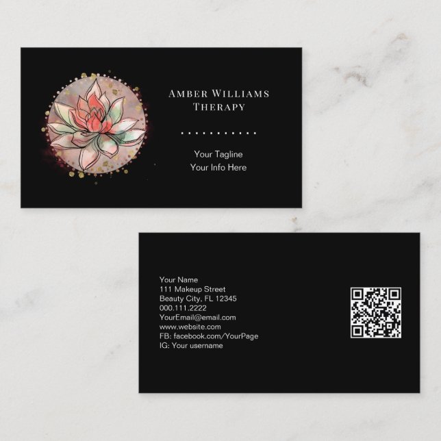 Therapist Spa Succulent Yoga Healing QR Code Black Business Card (Front/Back)