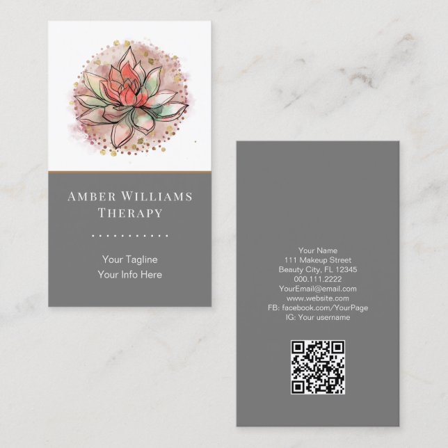 Therapist Spa Succulent Yoga Healing QR Code  Business Card (Front/Back)