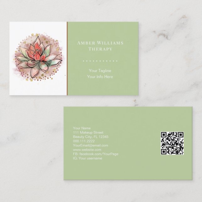Therapist Spa Succulent Yoga Healing QR Code Business Card (Front/Back)