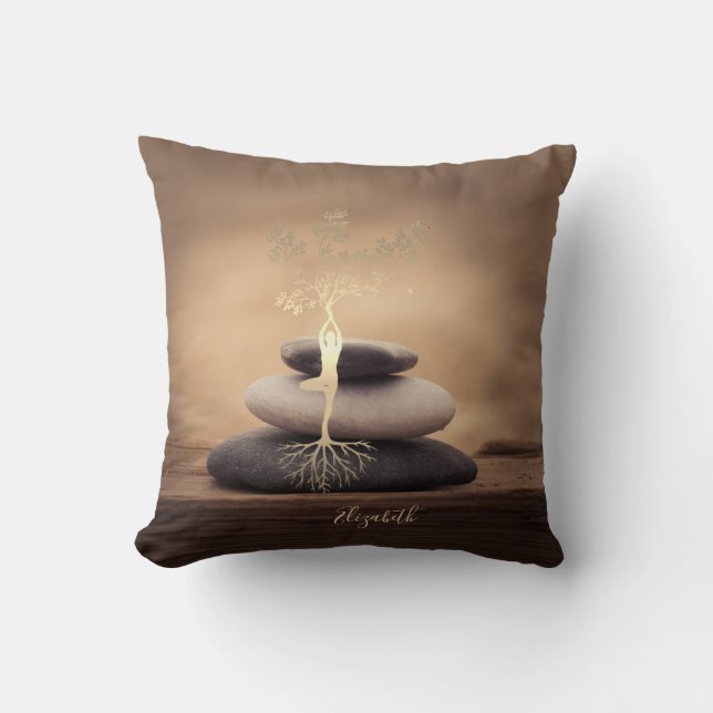 Therapist Zen Stones, Gold Tree Silhouette Brown Cushion (Front)
