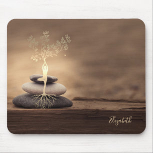 Therapist Zen Stones, Gold Tree Silhouette Brown Mouse Mat