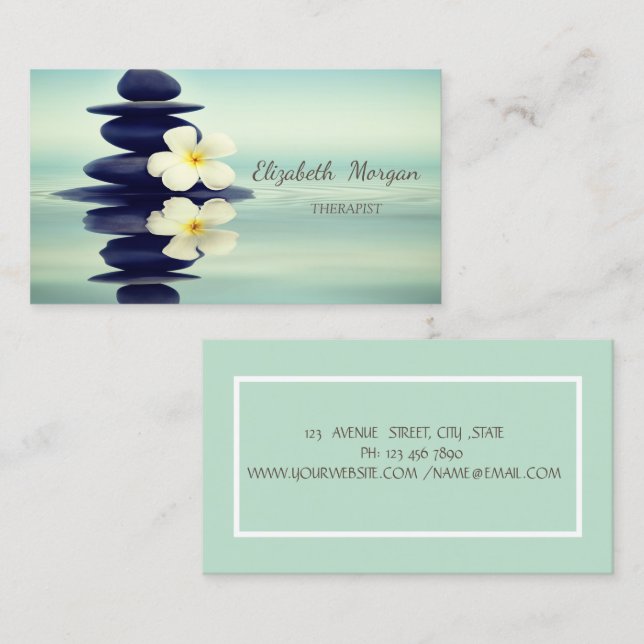 Therapist Zen stones, White Orchid Green Business Card (Front/Back)