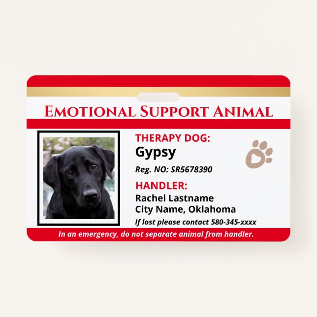 Therapy Animal ID One Photo Option Badge ID Badge (Front)