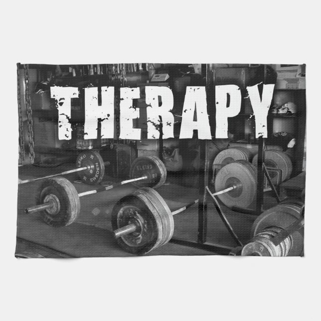 THERAPY (Barbells) - "Weight lifting" Motivational Tea Towel (Horizontal)