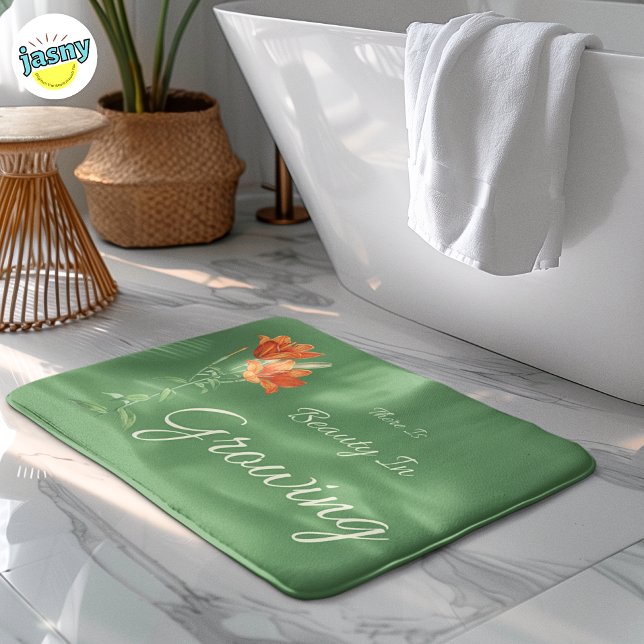 There is Beauty In Growing Floral Green And Orange Bath Mat (Creator Uploaded)