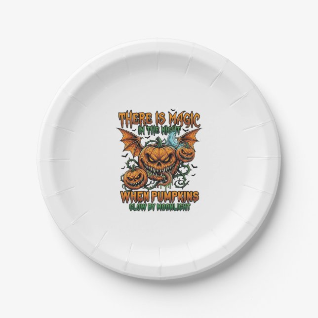 There Is Magic Halloween Monster Pumpkins Bat Wing Paper Plate (Front)