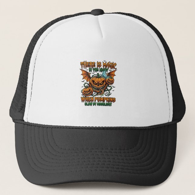 There Is Magic Halloween Monster Pumpkins Bat Wing Trucker Hat (Front)