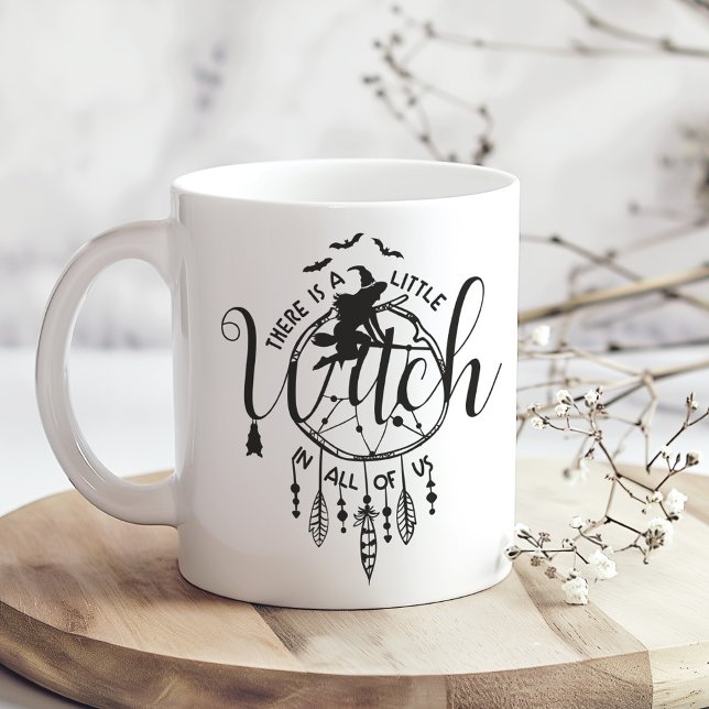 There’s a Little Witch in All of Us – Witchy Boho Large Coffee Mug (There’s a Little Witch in All of Us – Witchy Boho Giant Coffee Mug on a boho wooden kitchen table.)