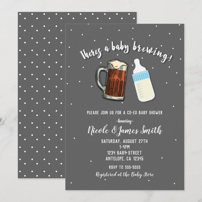 There's A Baby Brewing Beer Mugs Co-ed Baby Shower Invitation (Front/Back)