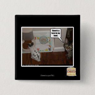 There's a hare in my food. 15 cm square badge