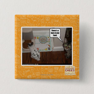 There's a hare in my food. 15 cm square badge