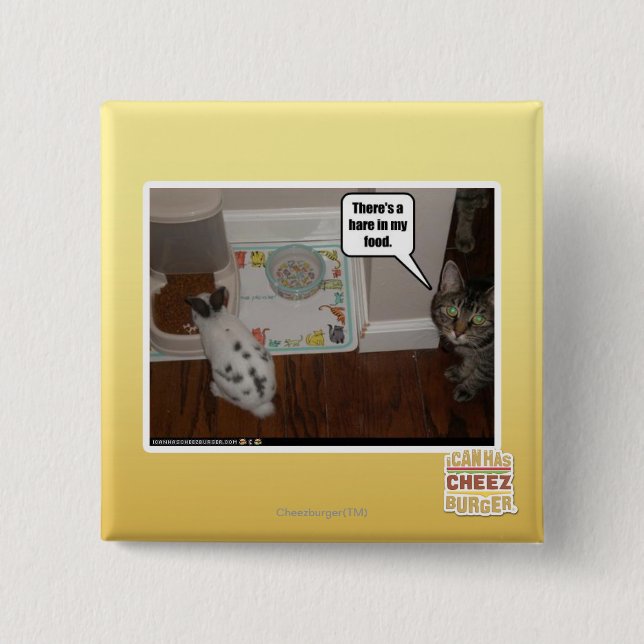 There's a hare in my food. 15 cm square badge (Front)