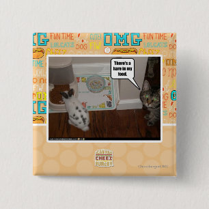 There's a hare in my food. 15 cm square badge