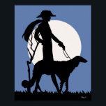 Theresa in Blue Poster<br><div class="desc">A stylish art deco fashion silhouette of woman and dog set against a bright white moon,  blue background with black silhouette.</div>