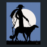 Theresa in Blue Poster<br><div class="desc">A stylish art deco fashion silhouette of woman and dog set against a bright white moon,  blue background with black silhouette.</div>