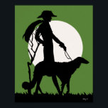 Theresa in Green Poster<br><div class="desc">A stylish art deco fashion silhouette of woman and dog set against a bright white moon,  green background with black silhouette.</div>