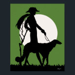 Theresa in Green Poster<br><div class="desc">A stylish art deco fashion silhouette of woman and dog set against a bright white moon,  green background with black silhouette.</div>