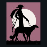 Theresa in Rose Poster<br><div class="desc">A stylish art deco fashion silhouette of woman and dog set against a bright white moon,  dusty rose background with black silhouette.</div>