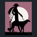 Theresa in Rose Poster<br><div class="desc">A stylish art deco fashion silhouette of woman and dog set against a bright white moon,  dusty rose background with black silhouette.</div>