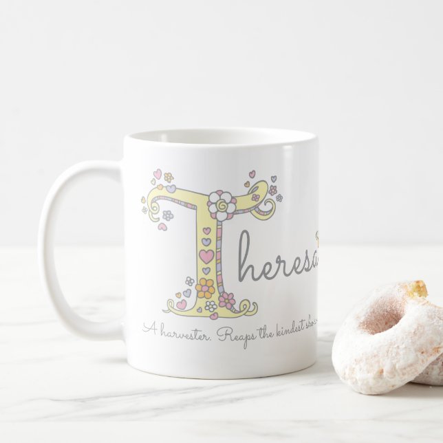Theresa name meaning decorative T monogram mug (With Donut)