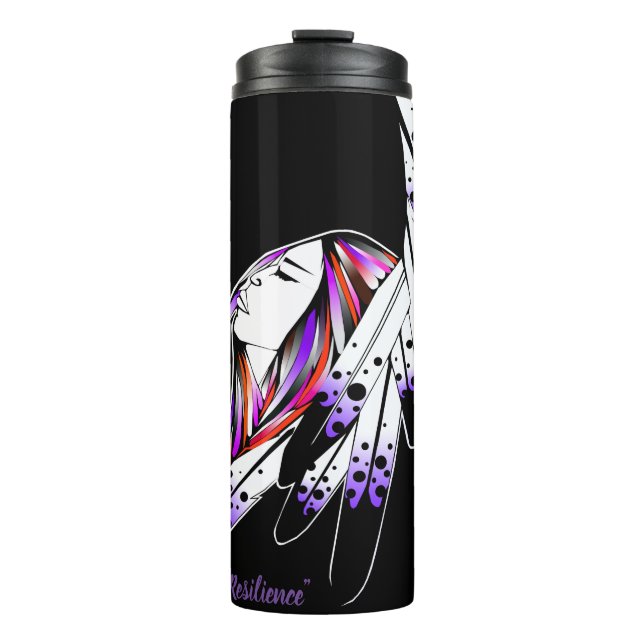 Thermal tumbler native woman feathers purple black (Front)