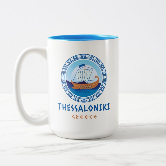 Thessaloniki, Greece Greek Ship Design Two-Tone Coffee Mug (Left)