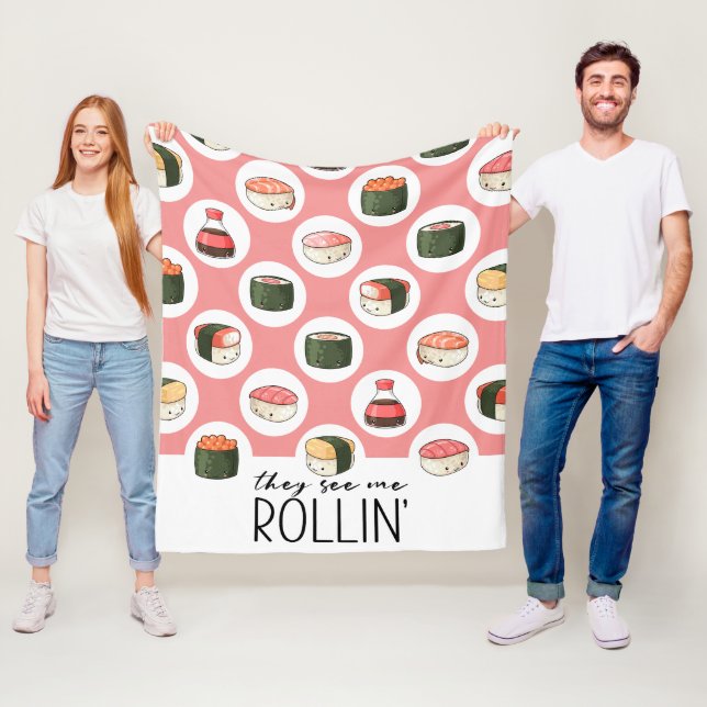 They See Me Rollin' Kawaii Fun Sushi Rolls & Dots Fleece Blanket (In Situ)