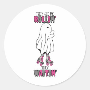They see me rollin' they waitin' pink retro ghost  classic round sticker