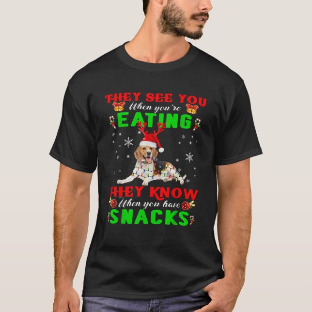 They See You Eating Christmas Reindeer Santa Beagl T-Shirt (Front)