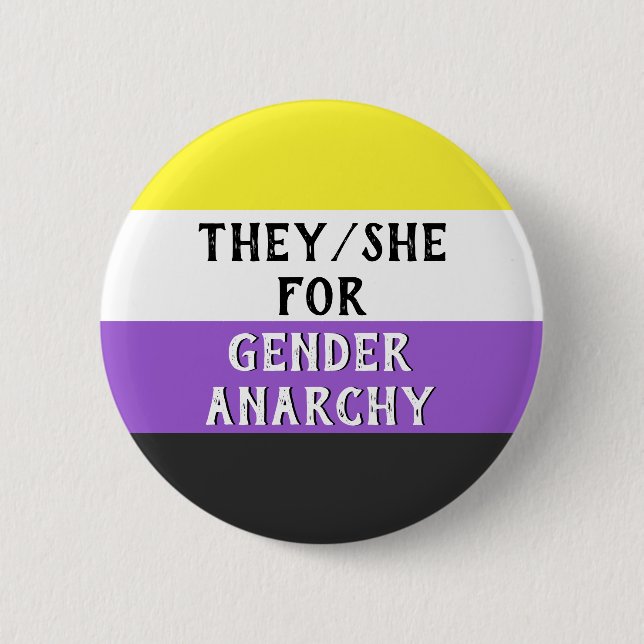 They/She for Gender Mayhem Button (on Enby flag) (Front)