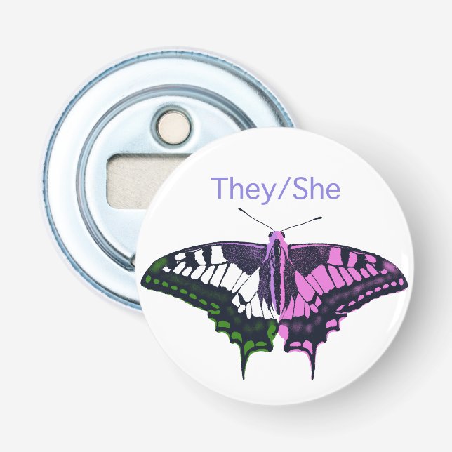 They/She Non-Binary Flag Swallowtail Butterfly Bottle Opener (Front)