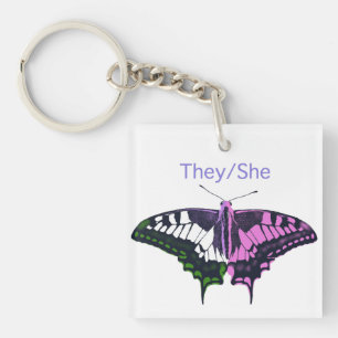 They/She Non-Binary Flag Swallowtail Butterfly Key Ring