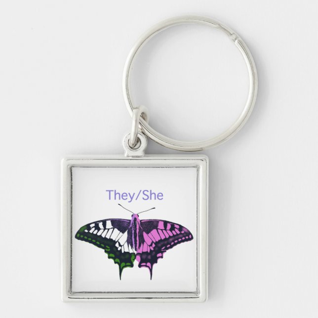 They/She Non-Binary Flag Swallowtail Butterfly Key Ring (Front)