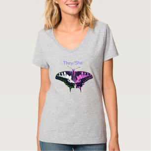 They/She Non-Binary Flag Swallowtail Butterfly T-Shirt