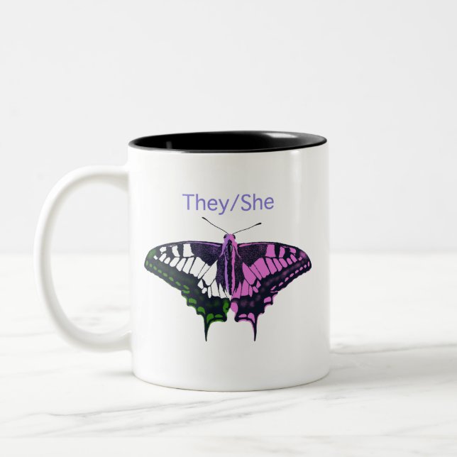 They/She Non-Binary Flag Swallowtail Butterfly Two-Tone Coffee Mug (Left)