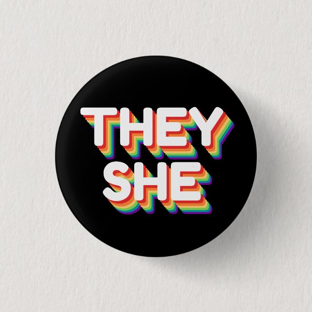 They/She Pronouns Rainbow 3D Retro 3 Cm Round Badge (Front)