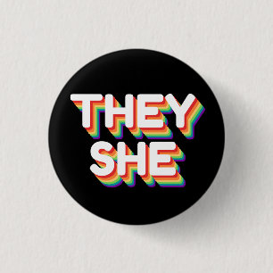 They/She Pronouns Rainbow 3D Retro 3 Cm Round Badge