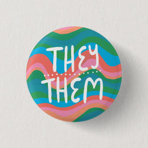 THEY/THEM Pronouns Colourful Handletter Green Pink 3 Cm Round Badge