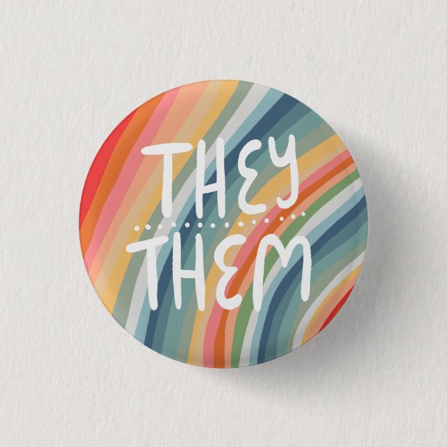 THEY/THEM Pronouns Colourful Handlettered Rainbow 3 Cm Round Badge (Front)