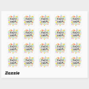 THEY /THEM Pronouns Floral Handlettering Set of Square Sticker