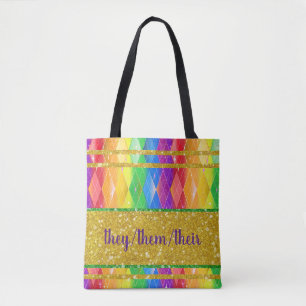 they them their pronoun glitter rainbow argyle tote bag