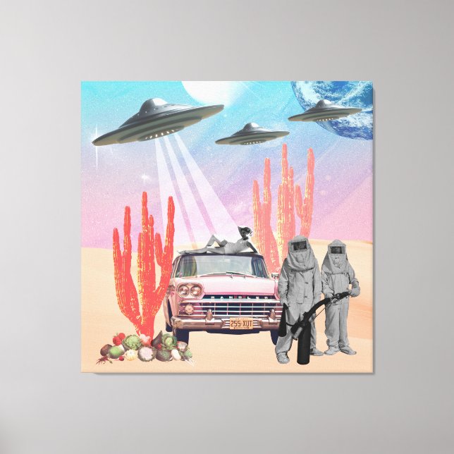 They've Landed UFO Desert Cactus Surreal Collage Canvas Print (Front)