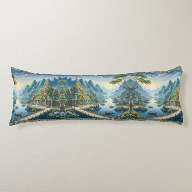 Thibaut Asian Scenic Blue and Green Decorative Body Cushion (Front)