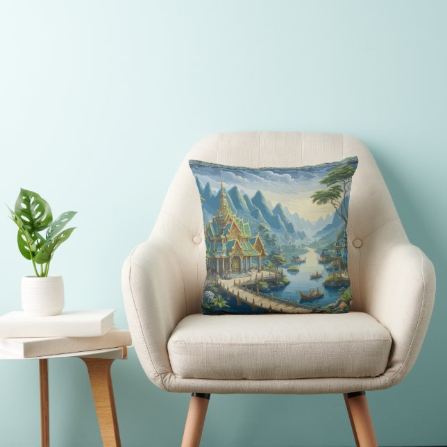 Thibaut Asian Scenic Blue and Green Decorative  Cushion (Chair)