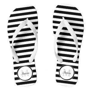 Thick Black and White Stripes With Simple Name Flip Flops