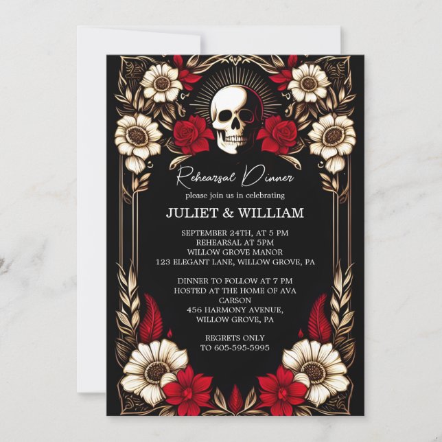 Thick Claret Ruby Heart Red Black Rehearsal Dinner Invitation (Front)
