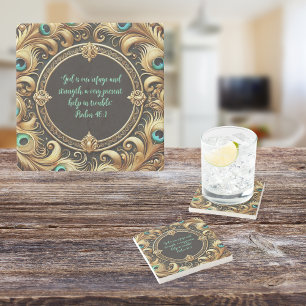 Thick Peacock Feather Frame Customizable  Stone Coaster