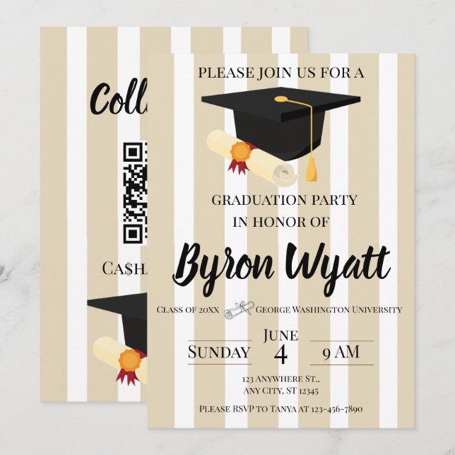 Thick Stripes Cap and Diploma Graduation  Invitation (Front/Back)