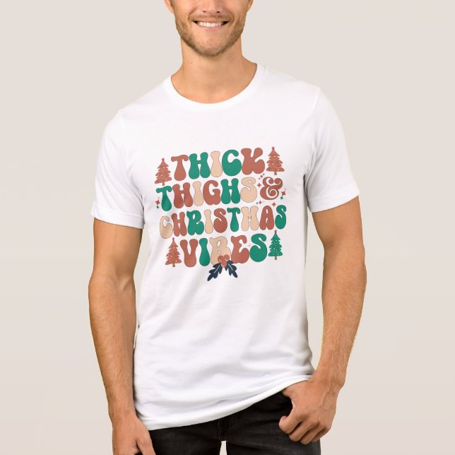 Thick Thighs and Christmas Vibes Retro Groovy Tri-Blend Shirt (Front)