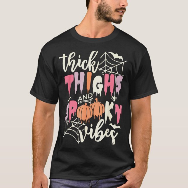 Thick Thighs And Soky Vibes Retro Groovy Halloween T-Shirt (Front)